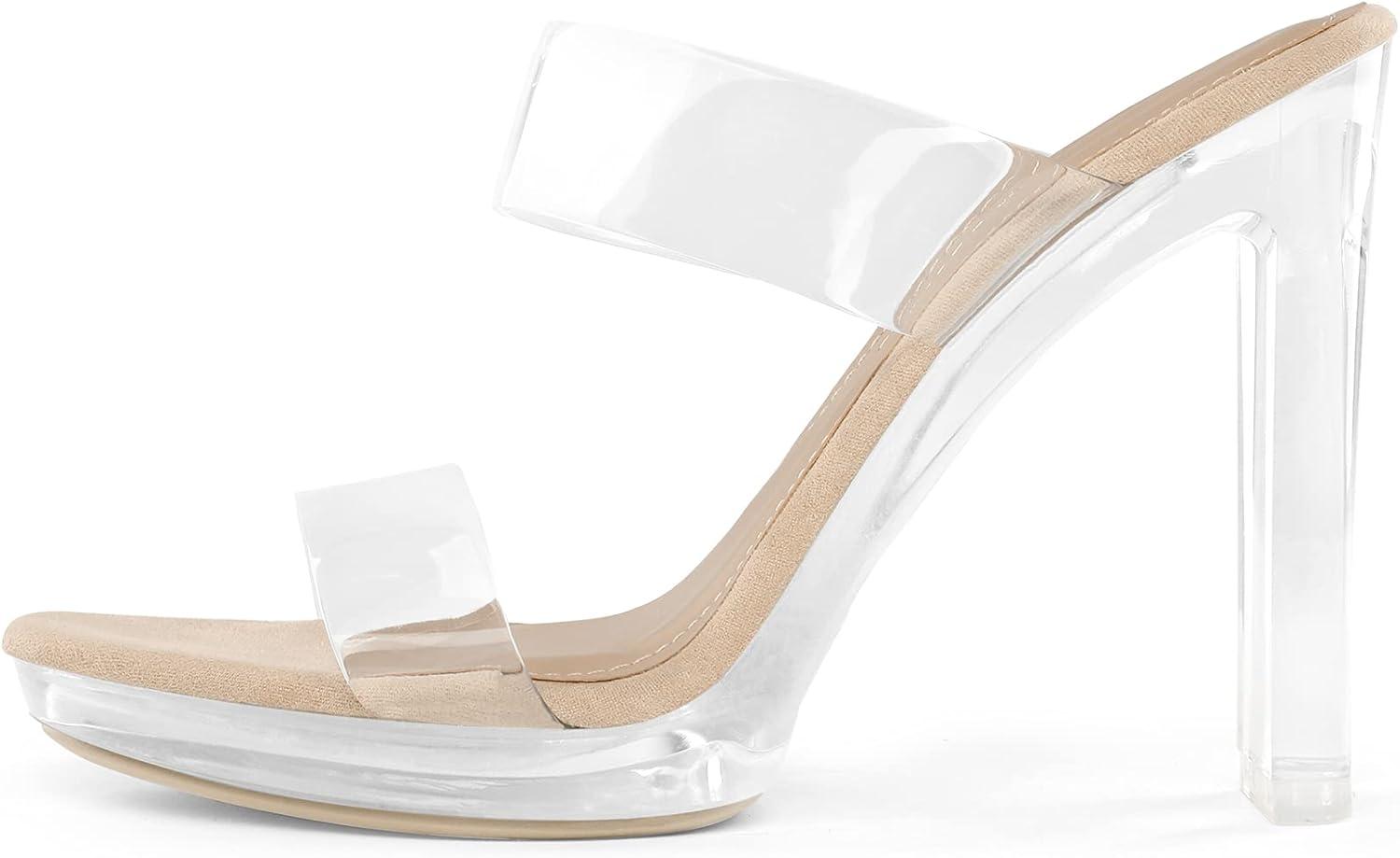 imageDREAM PAIRS Womens Clear Two Strap Open Toe High Block Chunky Slip on Dress Heel SandalsNudeClear
