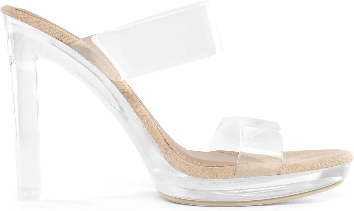 imageDREAM PAIRS Womens Clear Two Strap Open Toe High Block Chunky Slip on Dress Heel SandalsNudeClear