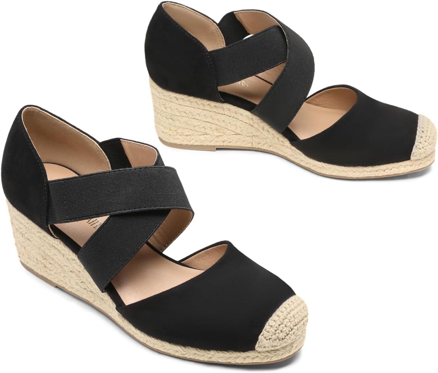 imageDREAM PAIRS Womens Close Toe Espadrilles Platform Slip on Elastic Criss Cross Straps Dressy Wedges SandalsBlack Suede