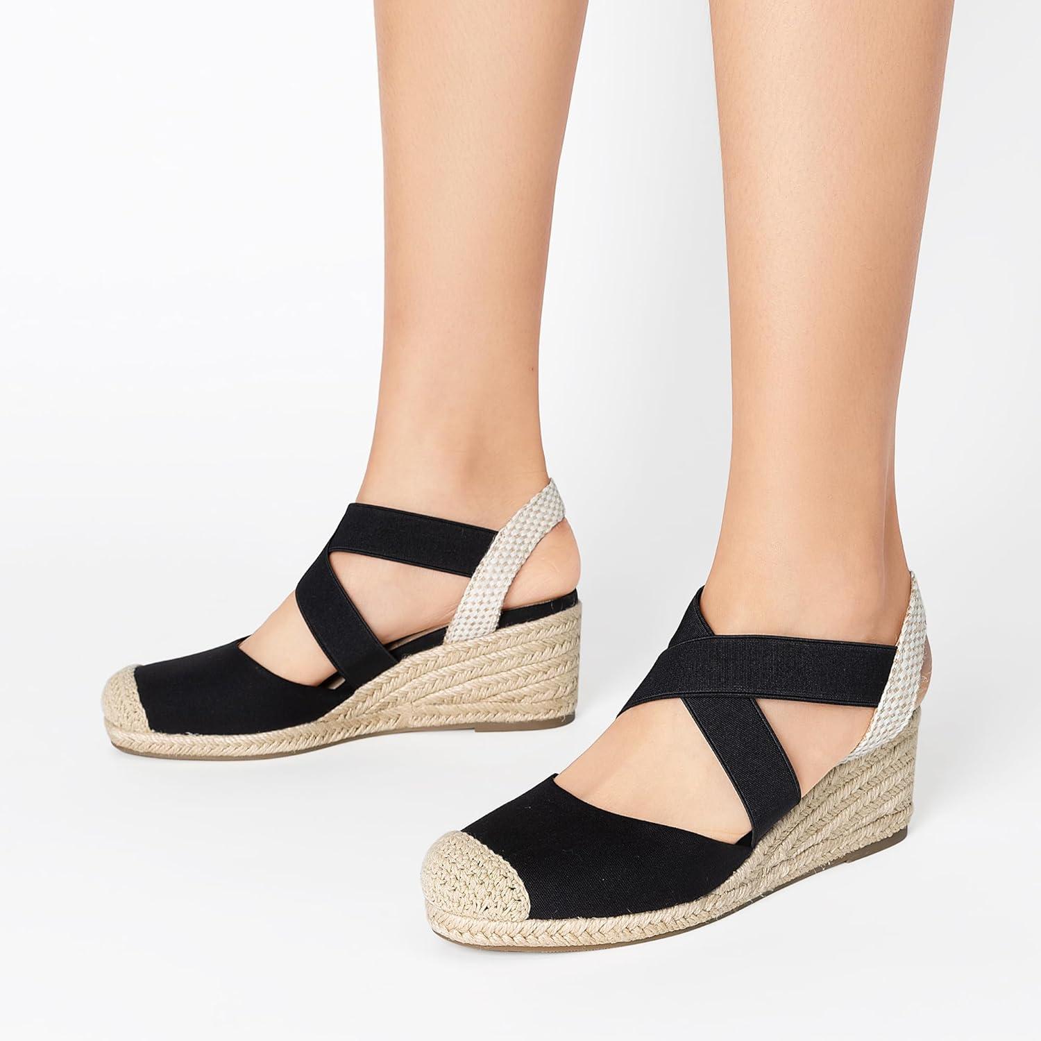 imageDREAM PAIRS Womens Close Toe Espadrilles Platform Slip on Elastic Criss Cross Straps Dressy Wedges SandalsBlackBeige
