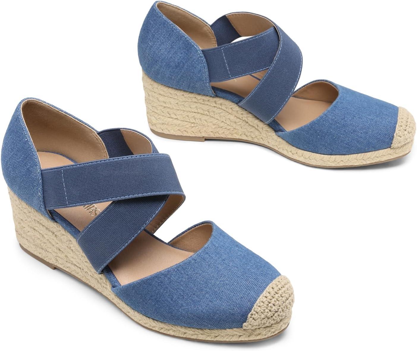 imageDREAM PAIRS Womens Close Toe Espadrilles Platform Slip on Elastic Criss Cross Straps Dressy Wedges SandalsDenim Blue