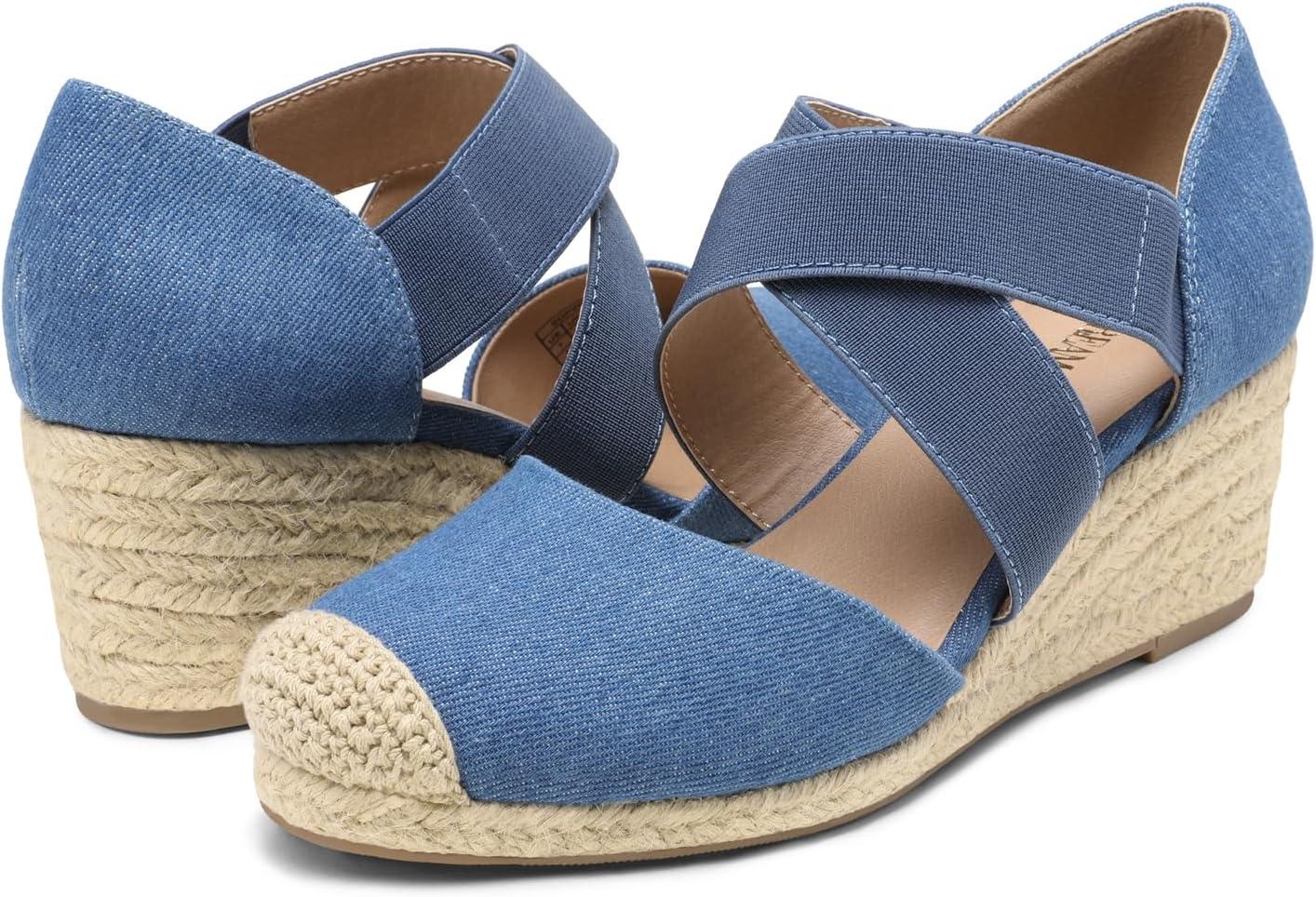 imageDREAM PAIRS Womens Close Toe Espadrilles Platform Slip on Elastic Criss Cross Straps Dressy Wedges SandalsDenim Blue