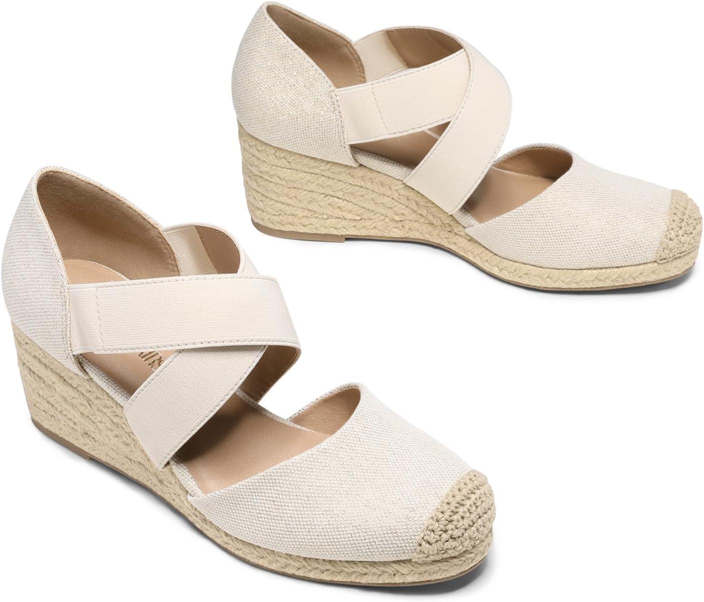imageDREAM PAIRS Womens Close Toe Espadrilles Platform Slip on Elastic Criss Cross Straps Dressy Wedges SandalsLinen