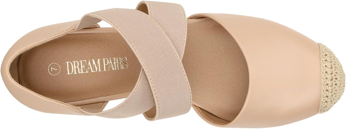 imageDREAM PAIRS Womens Close Toe Espadrilles Platform Slip on Elastic Criss Cross Straps Dressy Wedges SandalsNude
