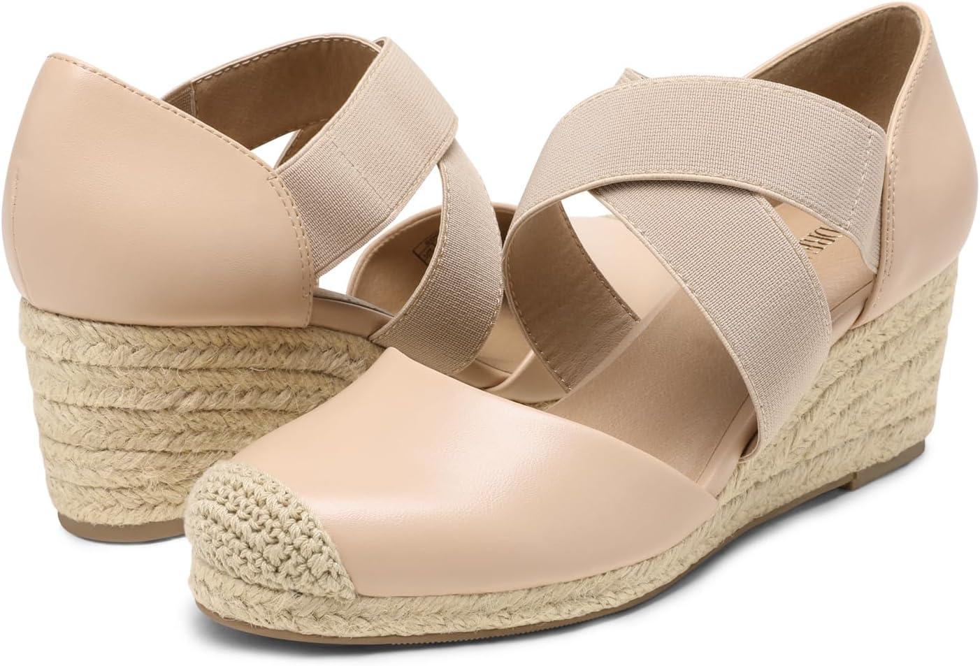imageDREAM PAIRS Womens Close Toe Espadrilles Platform Slip on Elastic Criss Cross Straps Dressy Wedges SandalsNude
