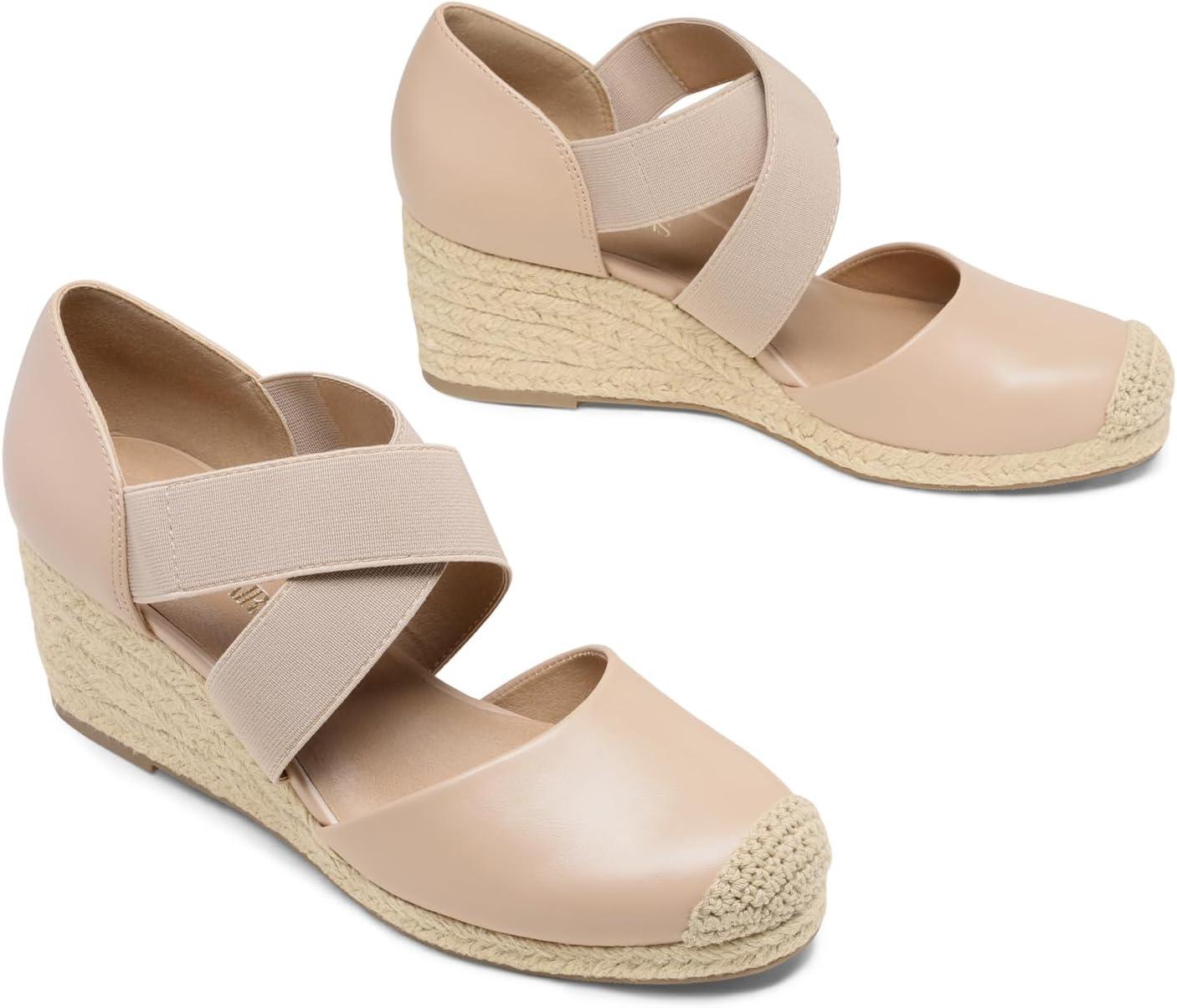 imageDREAM PAIRS Womens Close Toe Espadrilles Platform Slip on Elastic Criss Cross Straps Dressy Wedges SandalsNude