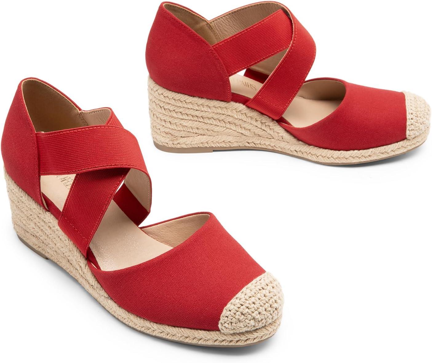 imageDREAM PAIRS Womens Close Toe Espadrilles Platform Slip on Elastic Criss Cross Straps Dressy Wedges SandalsRed