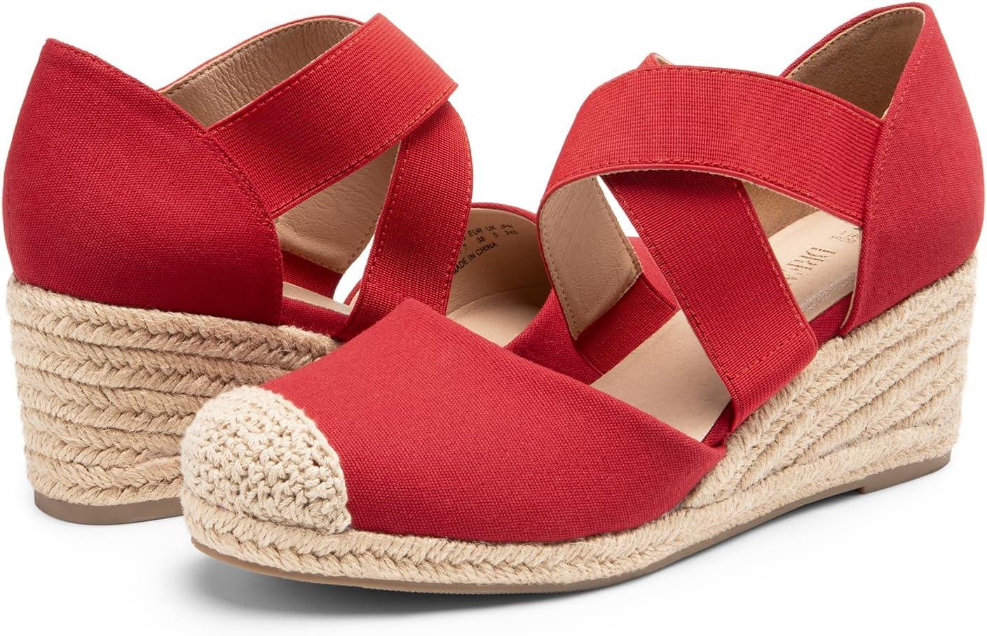imageDREAM PAIRS Womens Close Toe Espadrilles Platform Slip on Elastic Criss Cross Straps Dressy Wedges SandalsRed