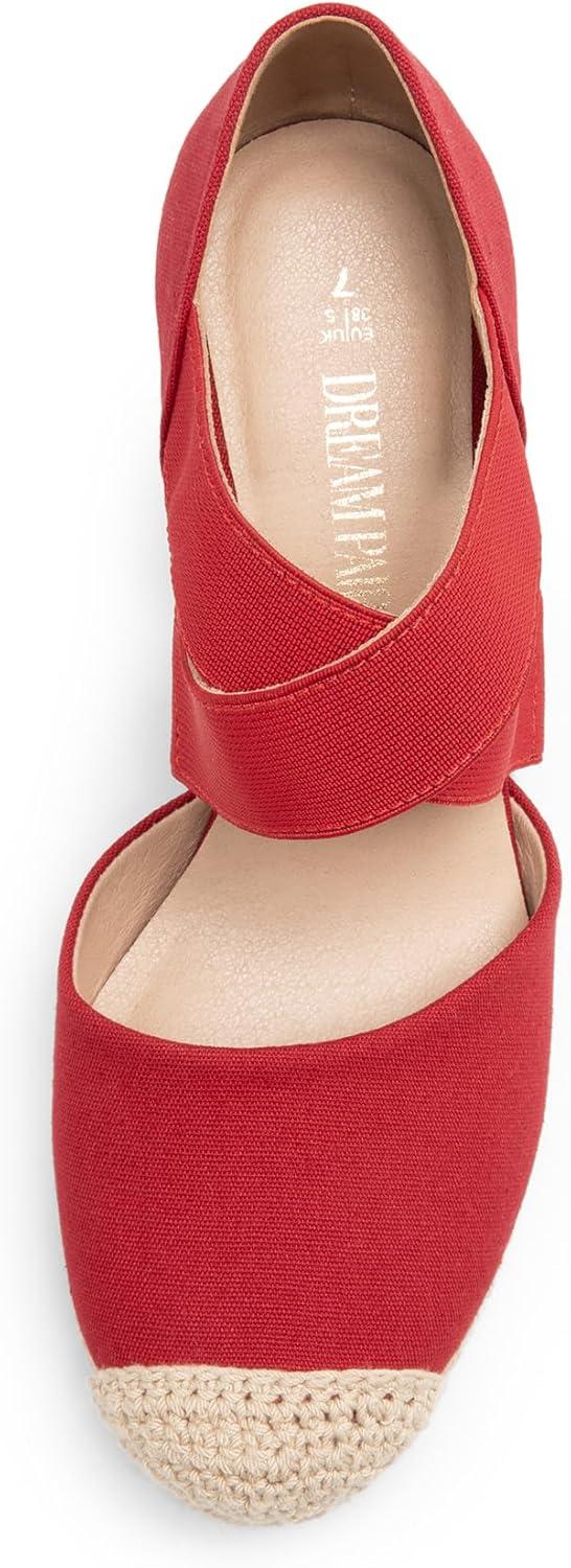 imageDREAM PAIRS Womens Close Toe Espadrilles Platform Slip on Elastic Criss Cross Straps Dressy Wedges SandalsRed