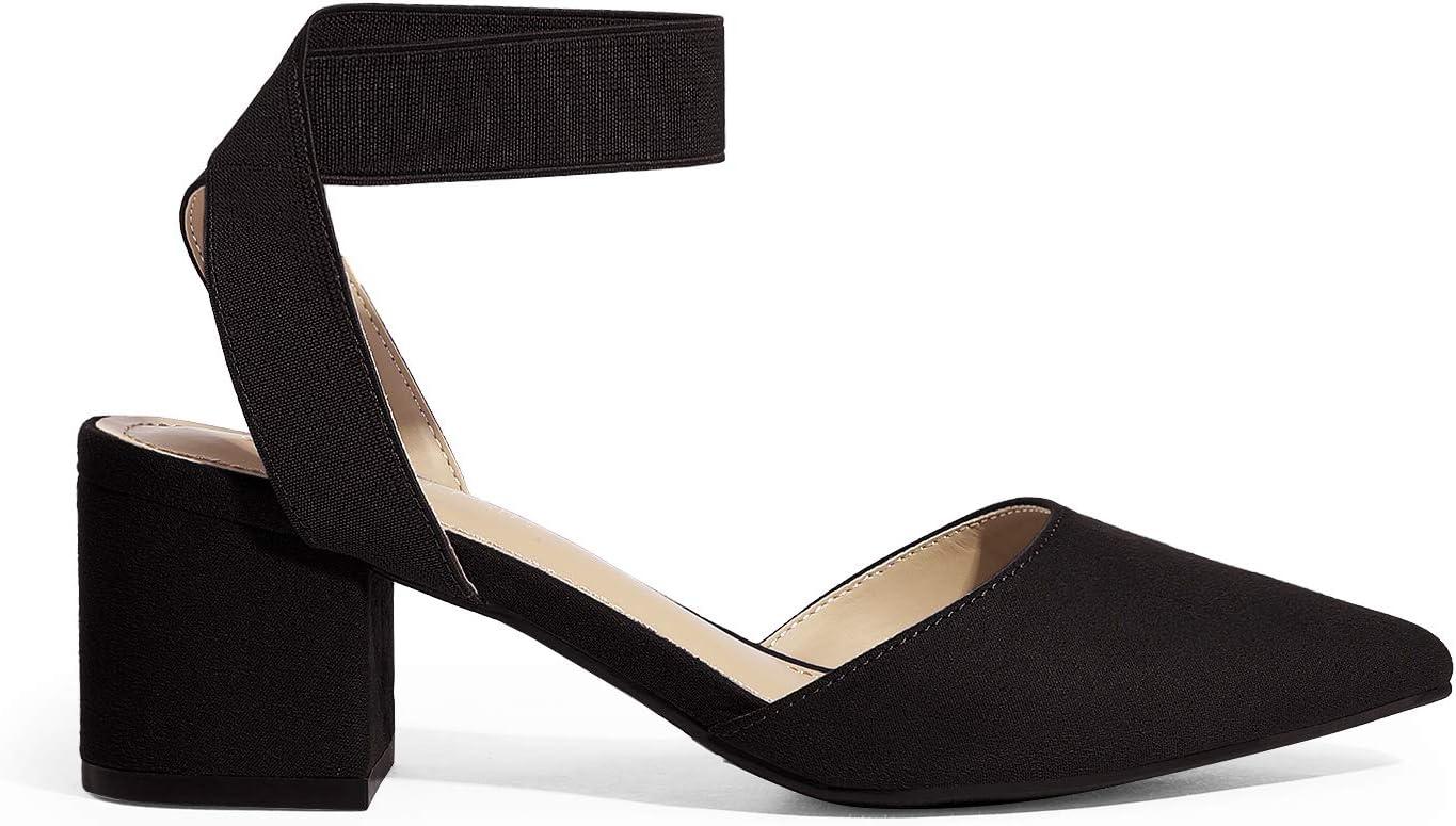imageDREAM PAIRS Womens Closed Pointed Toe High Chunky Heels Pumps Ankle Strap Dress Shoes for Wedding Office Party 3 InchesBlackSuede