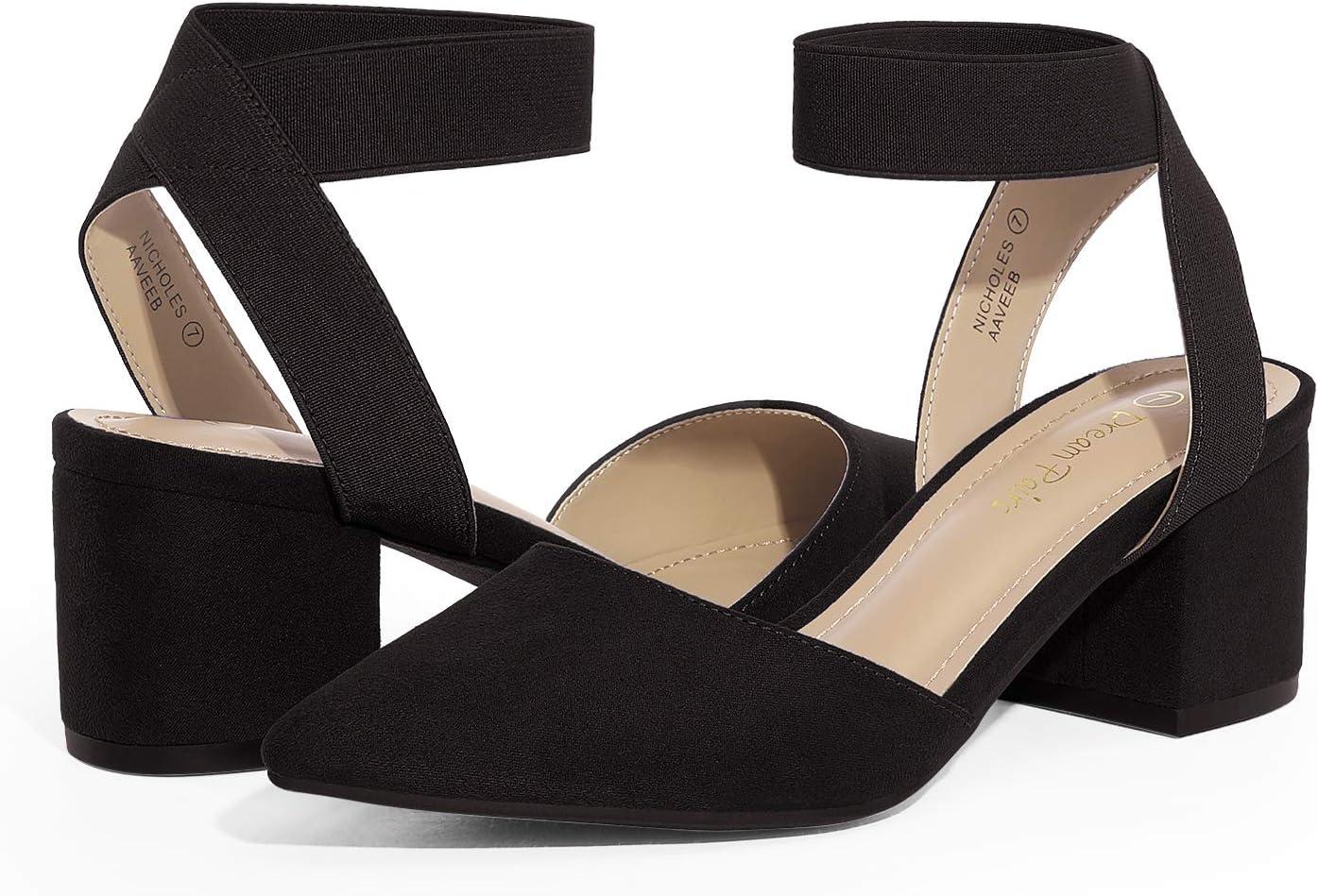 imageDREAM PAIRS Womens Closed Pointed Toe High Chunky Heels Pumps Ankle Strap Dress Shoes for Wedding Office Party 3 InchesBlackSuede
