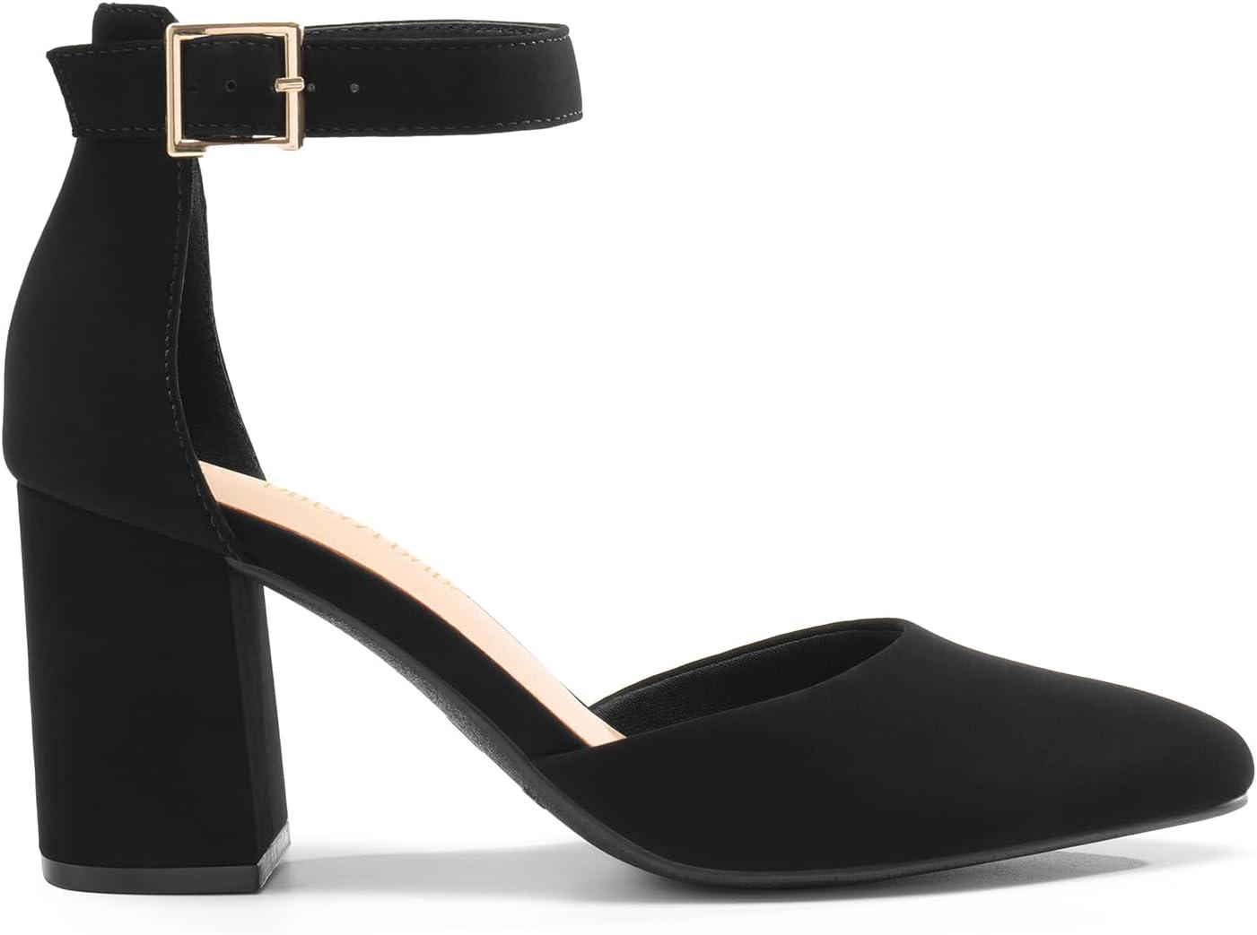 imageDREAM PAIRS Womens Closed Pointed Toe High Chunky Heels Pumps Ankle Strap Dress Shoes for Wedding Office Party 3 InchesBlacknubuck