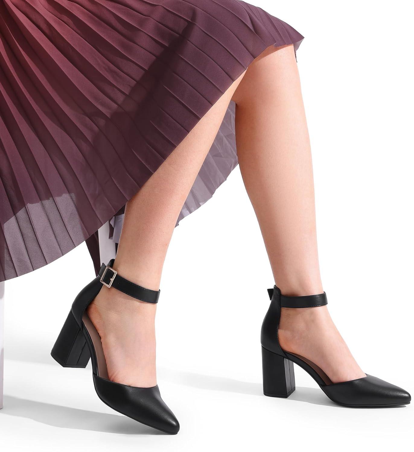 imageDREAM PAIRS Womens Closed Pointed Toe High Chunky Heels Pumps Ankle Strap Dress Shoes for Wedding Office Party 3 InchesBlackpu