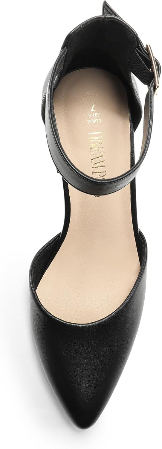 imageDREAM PAIRS Womens Closed Pointed Toe High Chunky Heels Pumps Ankle Strap Dress Shoes for Wedding Office Party 3 InchesBlackpu