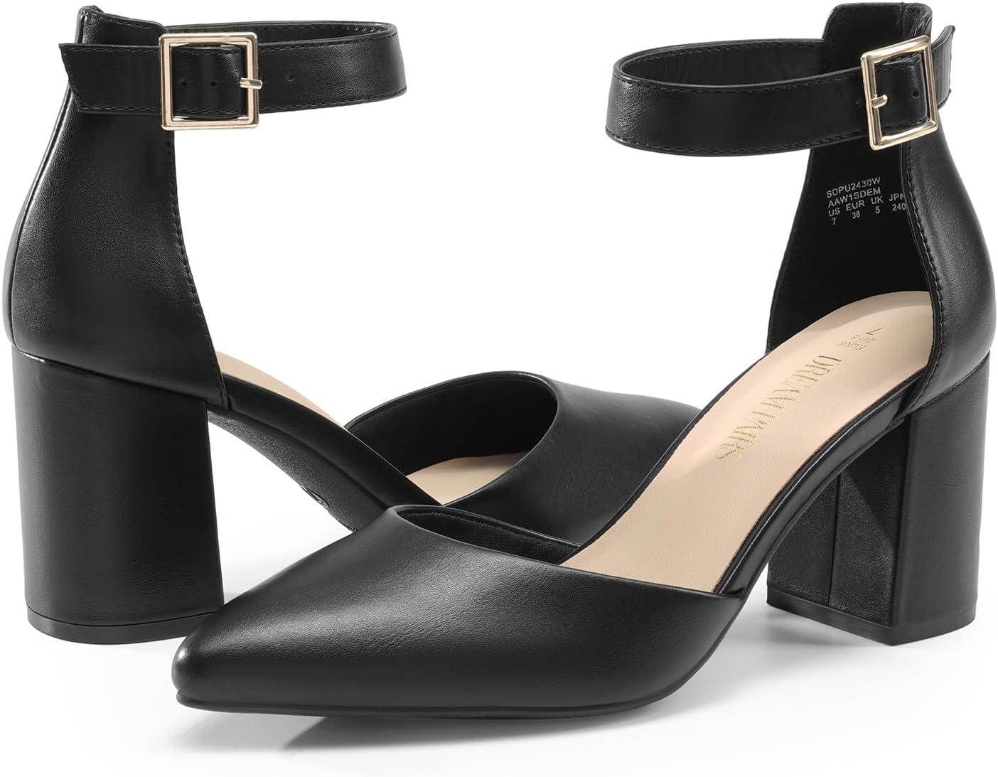 imageDREAM PAIRS Womens Closed Pointed Toe High Chunky Heels Pumps Ankle Strap Dress Shoes for Wedding Office Party 3 InchesBlackpu