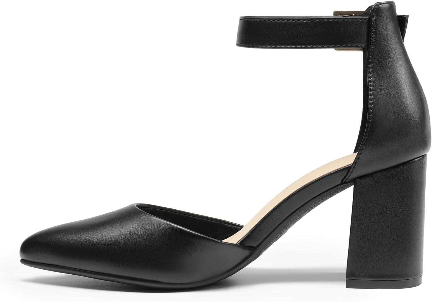 imageDREAM PAIRS Womens Closed Pointed Toe High Chunky Heels Pumps Ankle Strap Dress Shoes for Wedding Office Party 3 InchesBlackpu