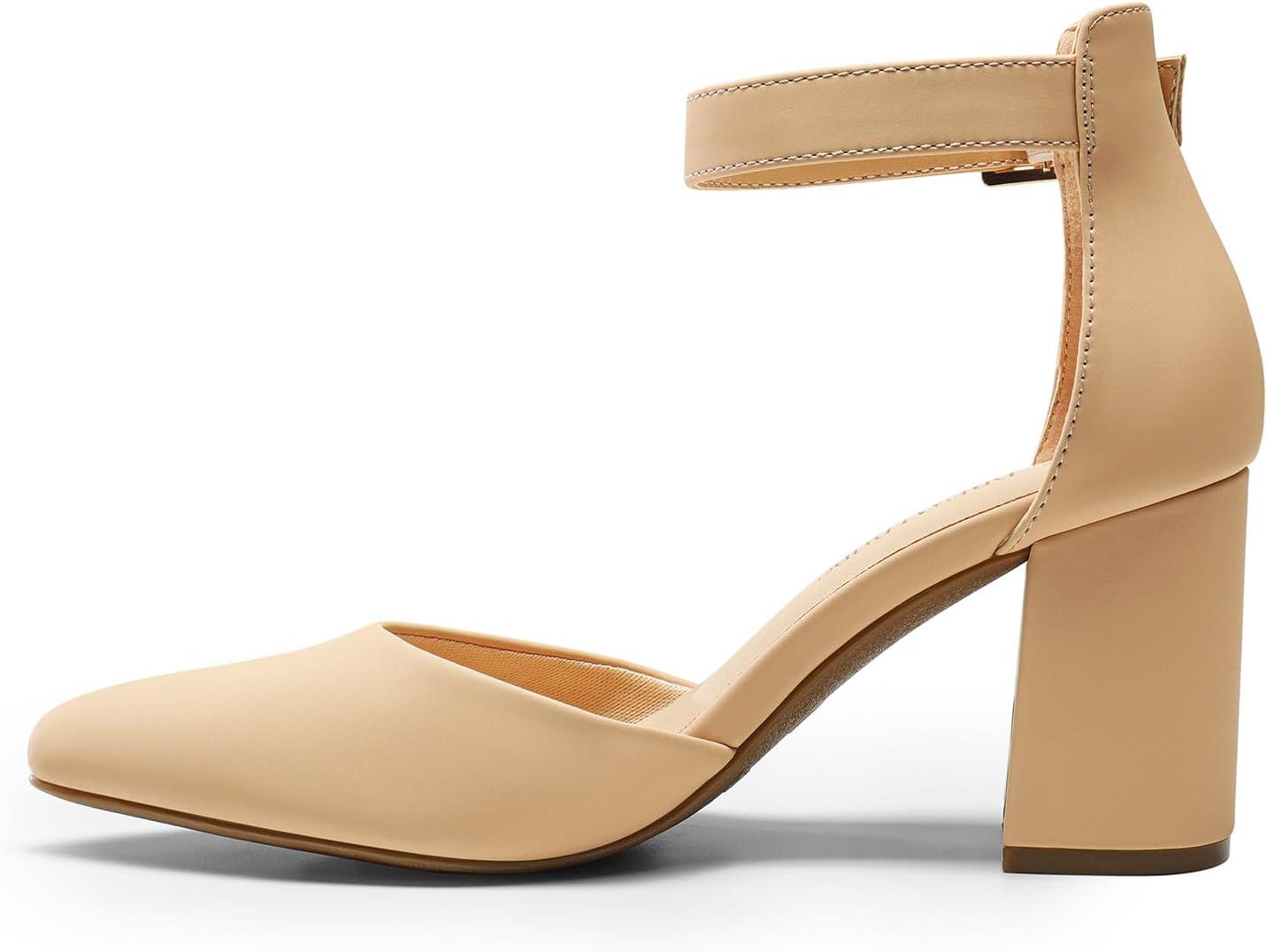 imageDREAM PAIRS Womens Closed Pointed Toe High Chunky Heels Pumps Ankle Strap Dress Shoes for Wedding Office Party 3 InchesNudenubuck