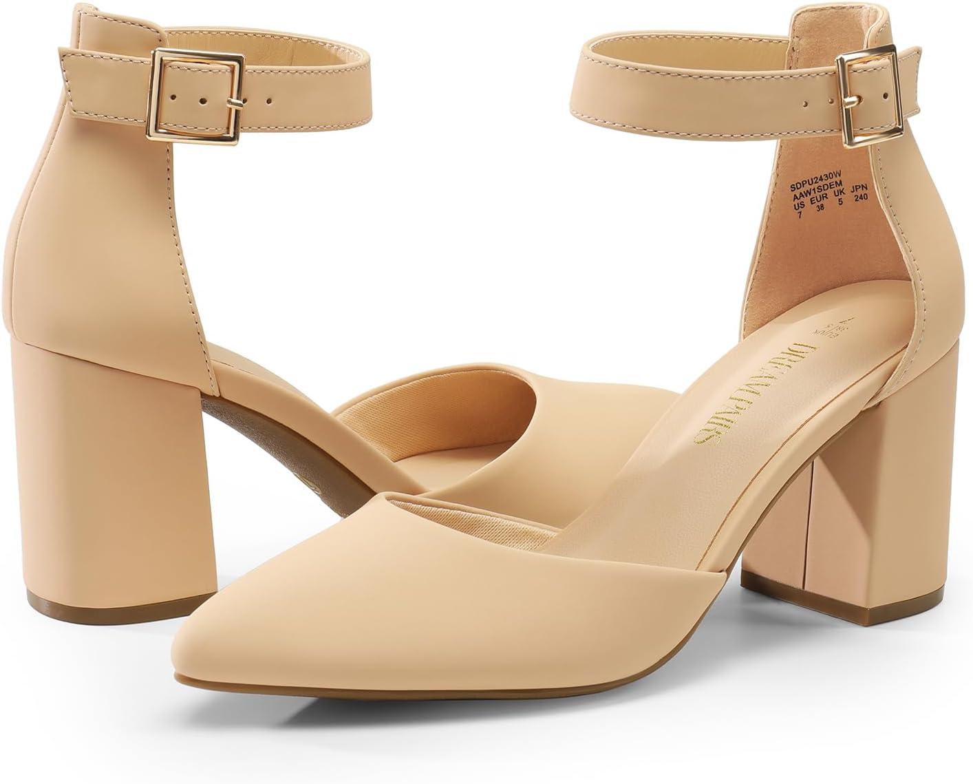 imageDREAM PAIRS Womens Closed Pointed Toe High Chunky Heels Pumps Ankle Strap Dress Shoes for Wedding Office Party 3 InchesNudenubuck