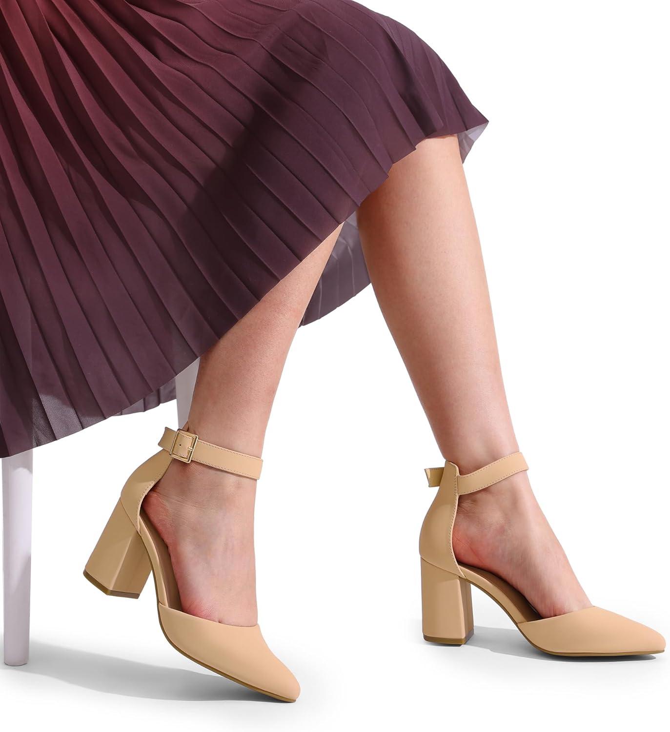 imageDREAM PAIRS Womens Closed Pointed Toe High Chunky Heels Pumps Ankle Strap Dress Shoes for Wedding Office Party 3 InchesNudenubuck