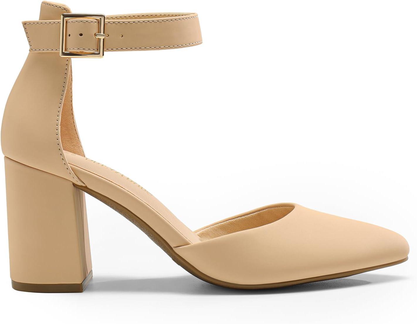 imageDREAM PAIRS Womens Closed Pointed Toe High Chunky Heels Pumps Ankle Strap Dress Shoes for Wedding Office Party 3 InchesNudenubuck