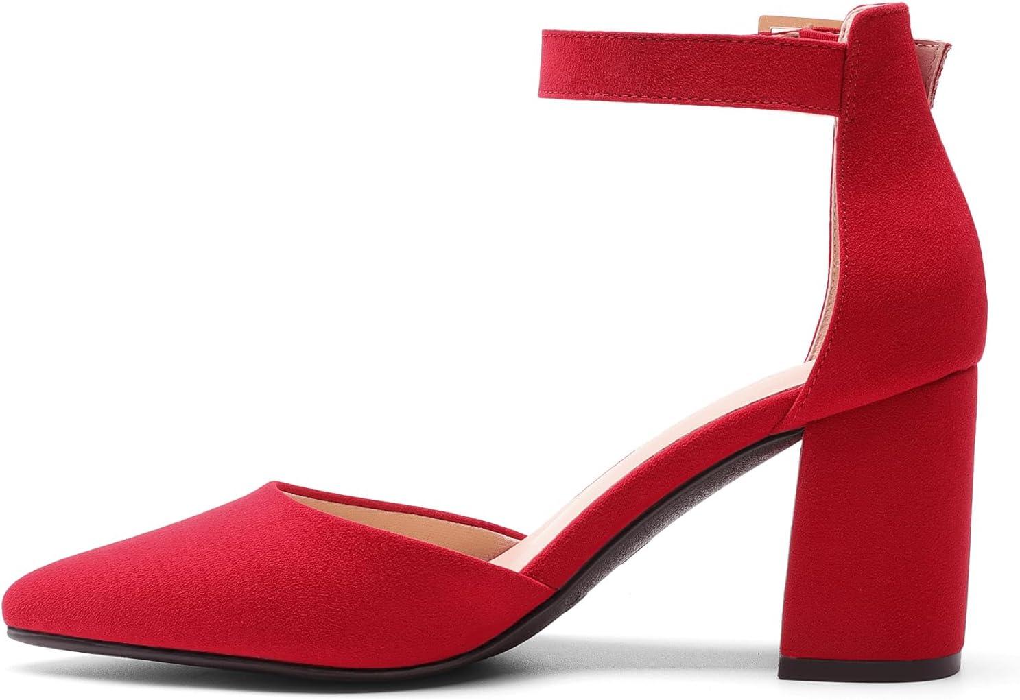 imageDREAM PAIRS Womens Closed Pointed Toe High Chunky Heels Pumps Ankle Strap Dress Shoes for Wedding Office Party 3 InchesRed