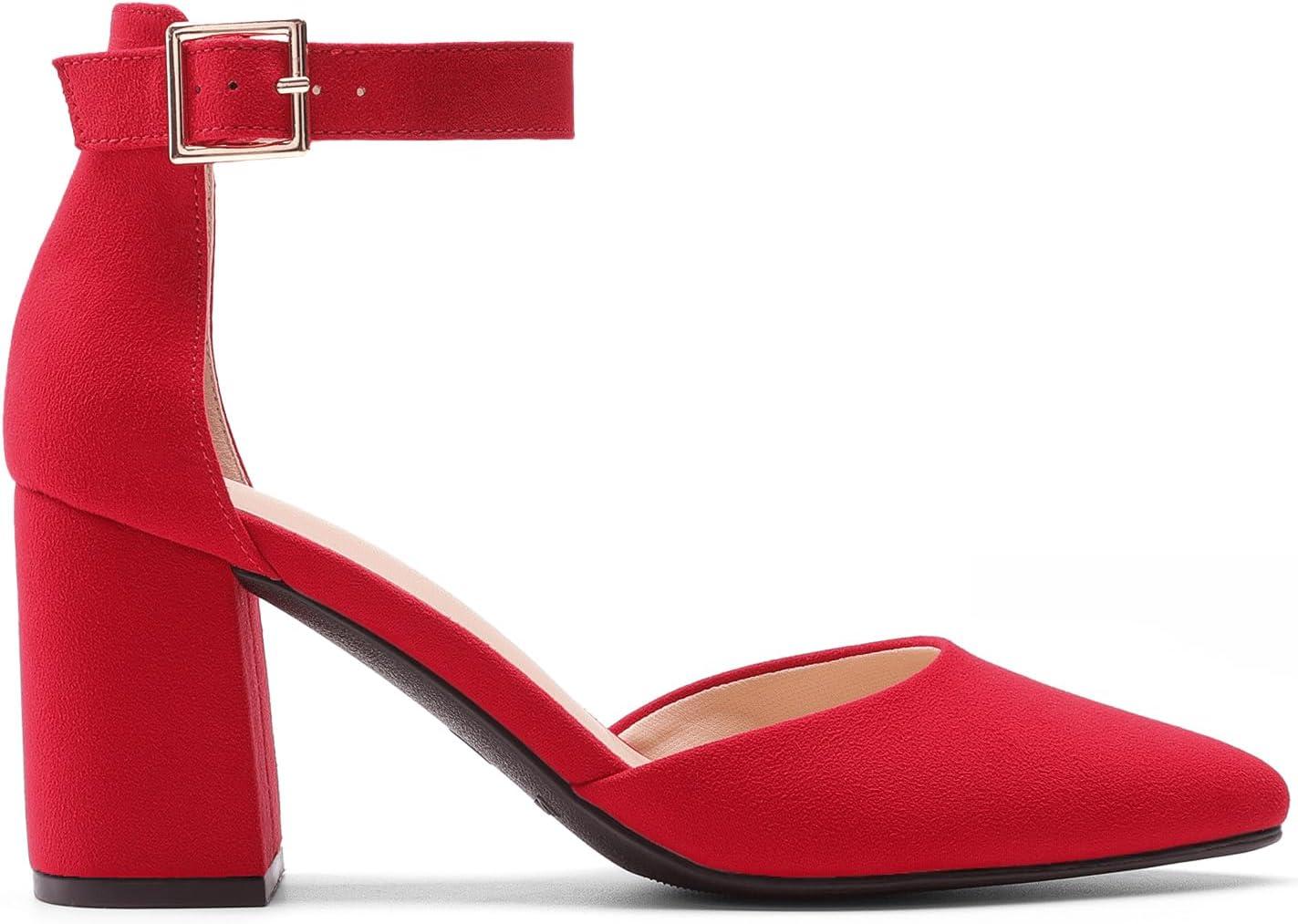 imageDREAM PAIRS Womens Closed Pointed Toe High Chunky Heels Pumps Ankle Strap Dress Shoes for Wedding Office Party 3 InchesRed