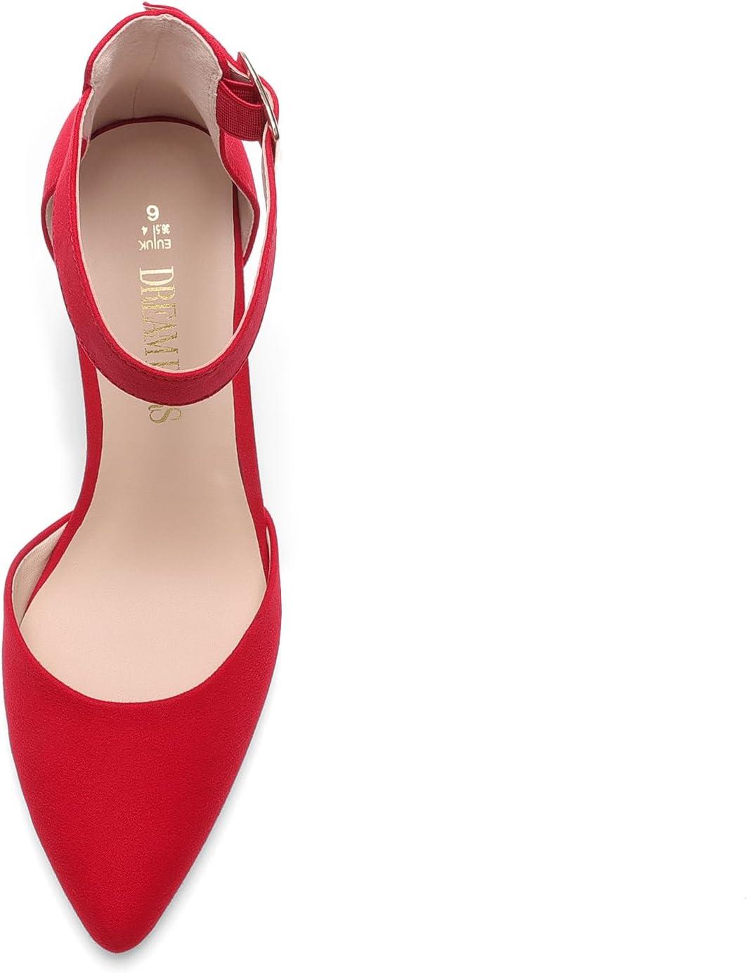 imageDREAM PAIRS Womens Closed Pointed Toe High Chunky Heels Pumps Ankle Strap Dress Shoes for Wedding Office Party 3 InchesRed