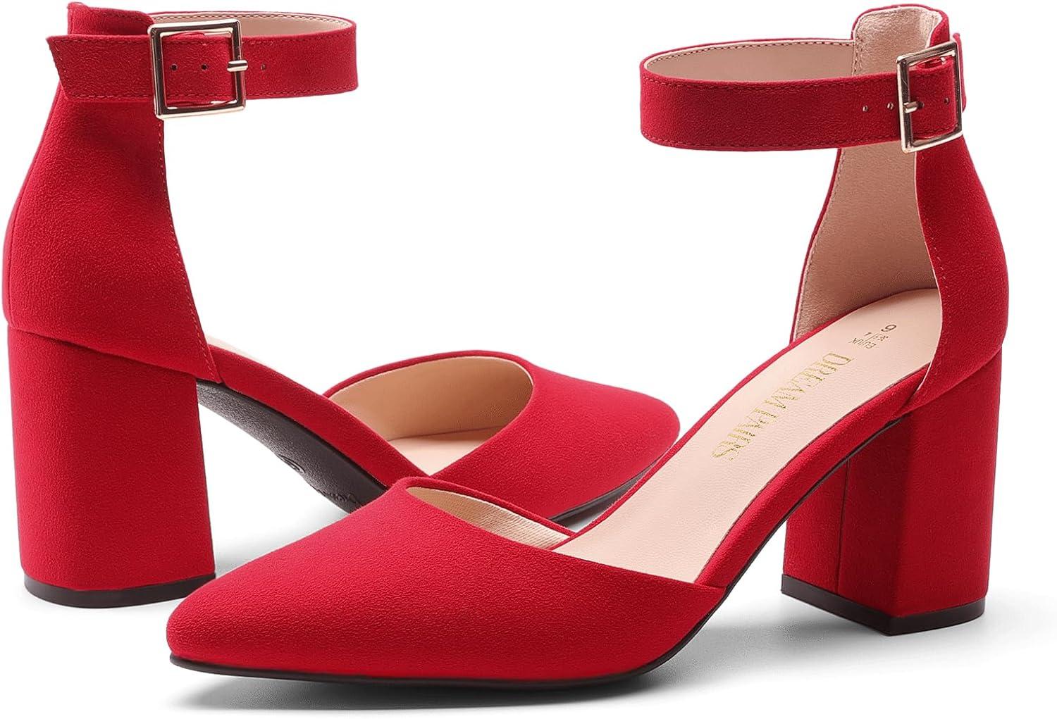 imageDREAM PAIRS Womens Closed Pointed Toe High Chunky Heels Pumps Ankle Strap Dress Shoes for Wedding Office Party 3 InchesRed