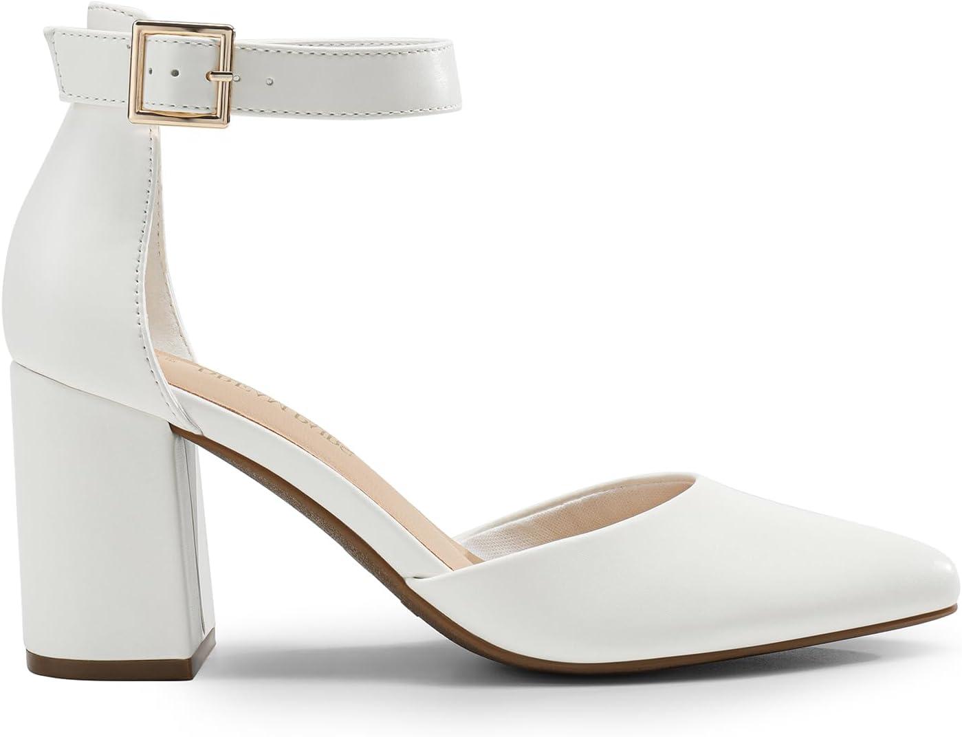 imageDREAM PAIRS Womens Closed Pointed Toe High Chunky Heels Pumps Ankle Strap Dress Shoes for Wedding Office Party 3 InchesWhitepu