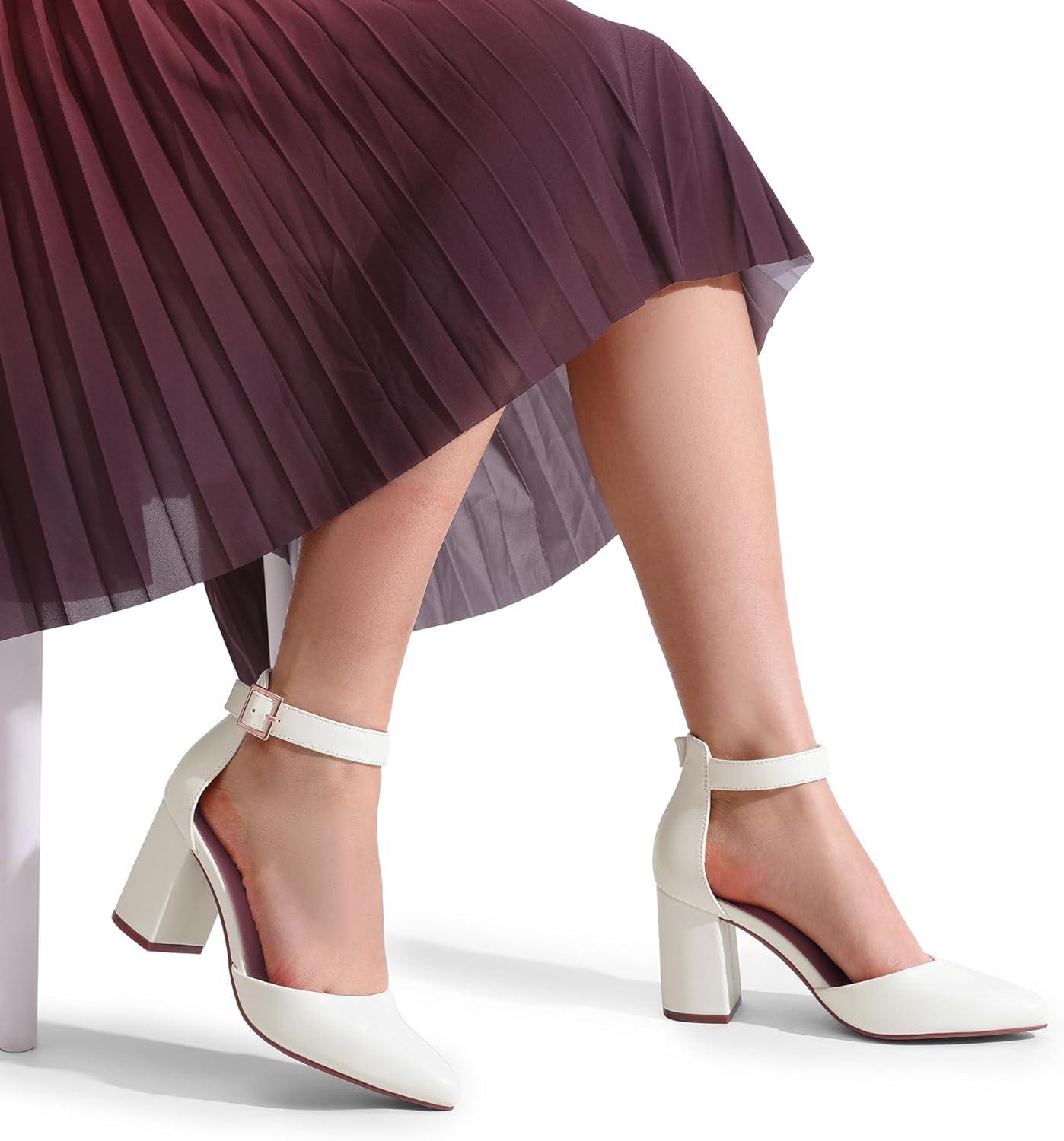 imageDREAM PAIRS Womens Closed Pointed Toe High Chunky Heels Pumps Ankle Strap Dress Shoes for Wedding Office Party 3 InchesWhitepu