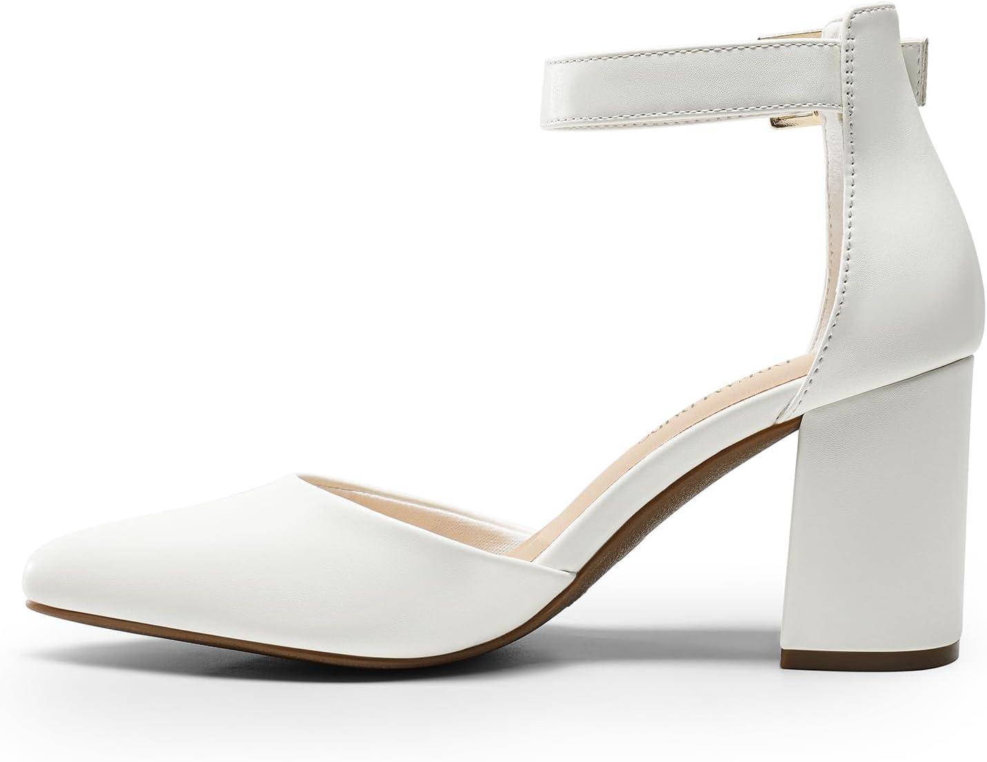 imageDREAM PAIRS Womens Closed Pointed Toe High Chunky Heels Pumps Ankle Strap Dress Shoes for Wedding Office Party 3 InchesWhitepu