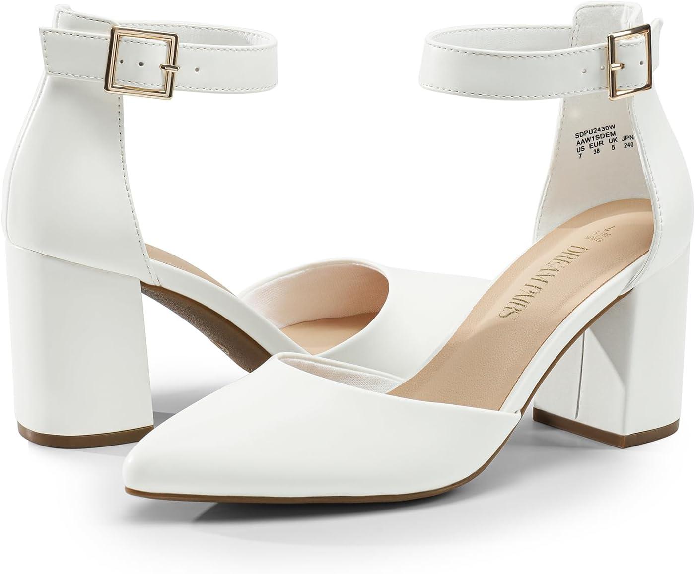 imageDREAM PAIRS Womens Closed Pointed Toe High Chunky Heels Pumps Ankle Strap Dress Shoes for Wedding Office Party 3 InchesWhitepu