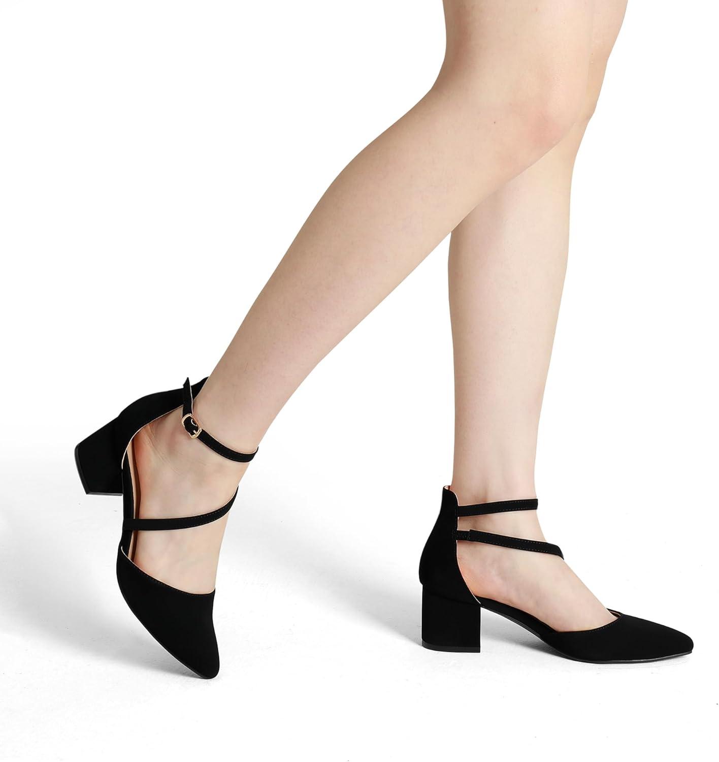 imageDREAM PAIRS Womens Closed Pointed Toe Low Chunky Heels Pumps Ankle Strap Wedding Business Dressy ShoesBlacknubuck