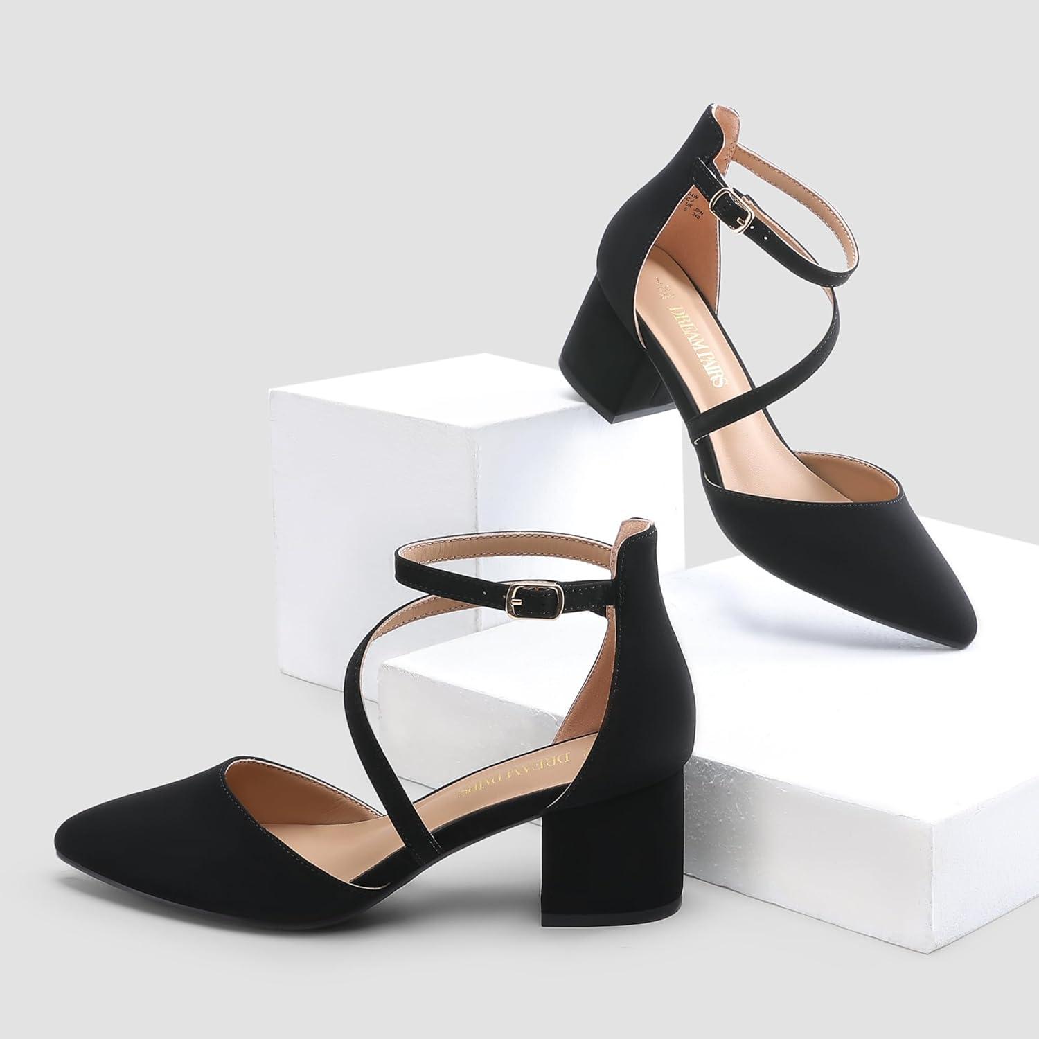imageDREAM PAIRS Womens Closed Pointed Toe Low Chunky Heels Pumps Ankle Strap Wedding Business Dressy ShoesBlacknubuck