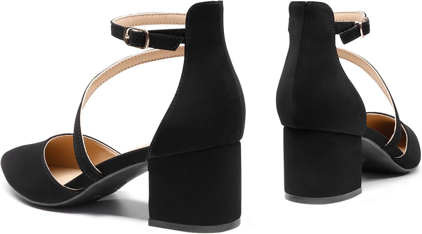 imageDREAM PAIRS Womens Closed Pointed Toe Low Chunky Heels Pumps Ankle Strap Wedding Business Dressy ShoesBlacknubuck