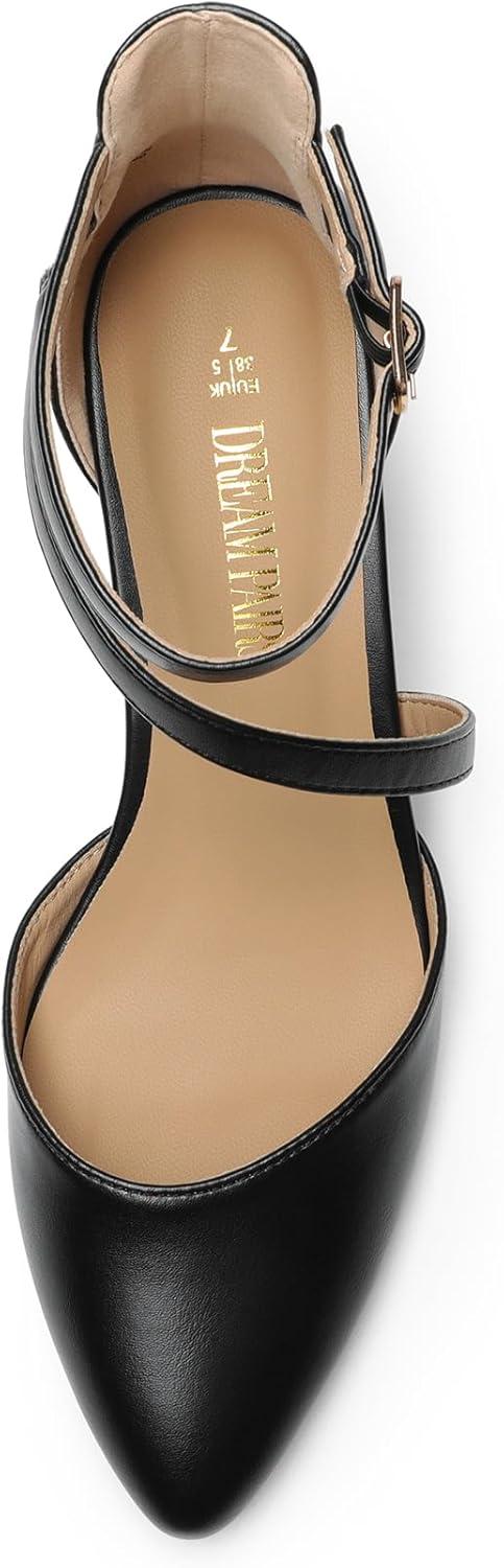 imageDREAM PAIRS Womens Closed Pointed Toe Low Chunky Heels Pumps Ankle Strap Wedding Business Dressy ShoesBlackpu