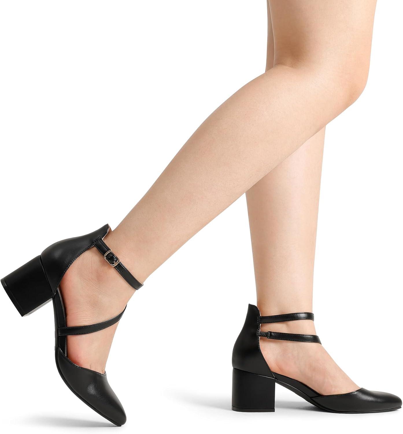imageDREAM PAIRS Womens Closed Pointed Toe Low Chunky Heels Pumps Ankle Strap Wedding Business Dressy ShoesBlackpu