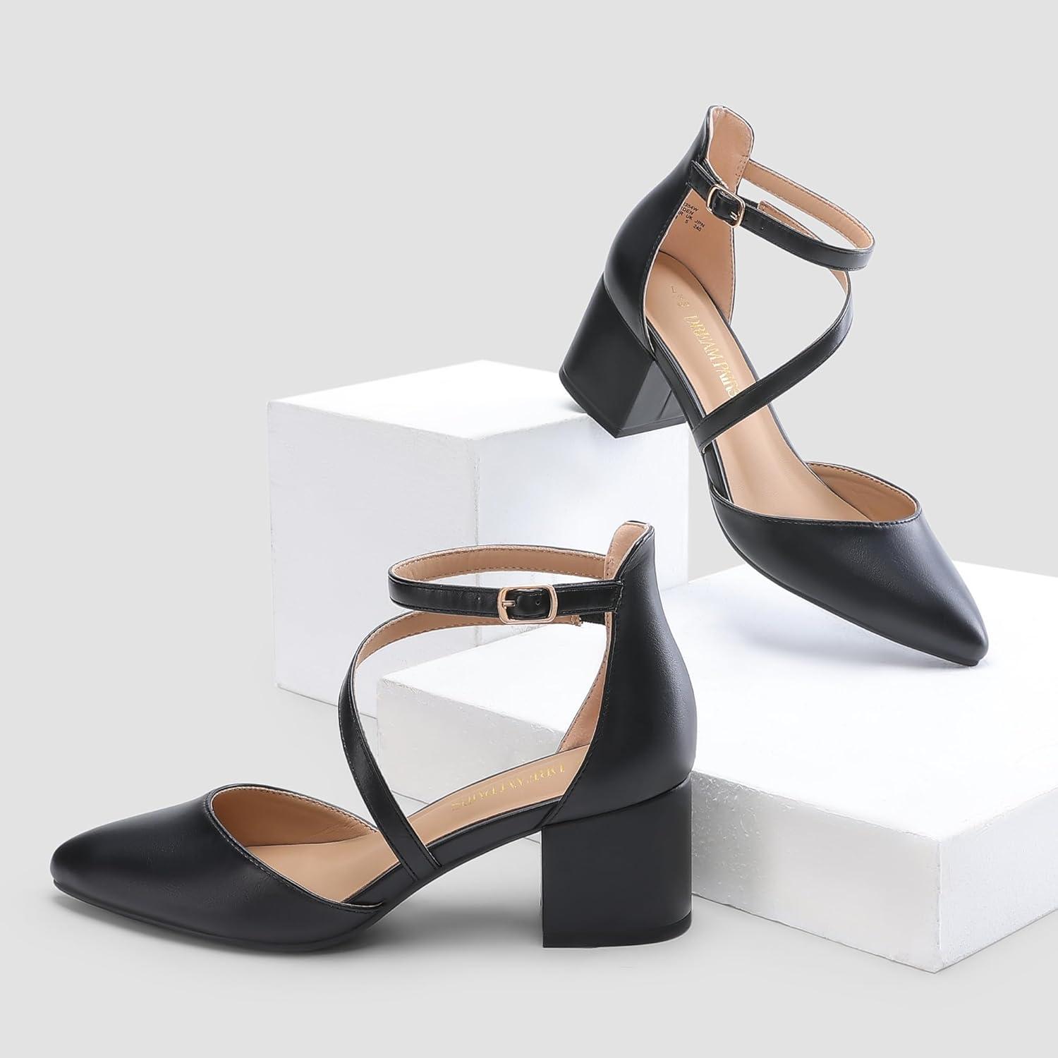 imageDREAM PAIRS Womens Closed Pointed Toe Low Chunky Heels Pumps Ankle Strap Wedding Business Dressy ShoesBlackpu