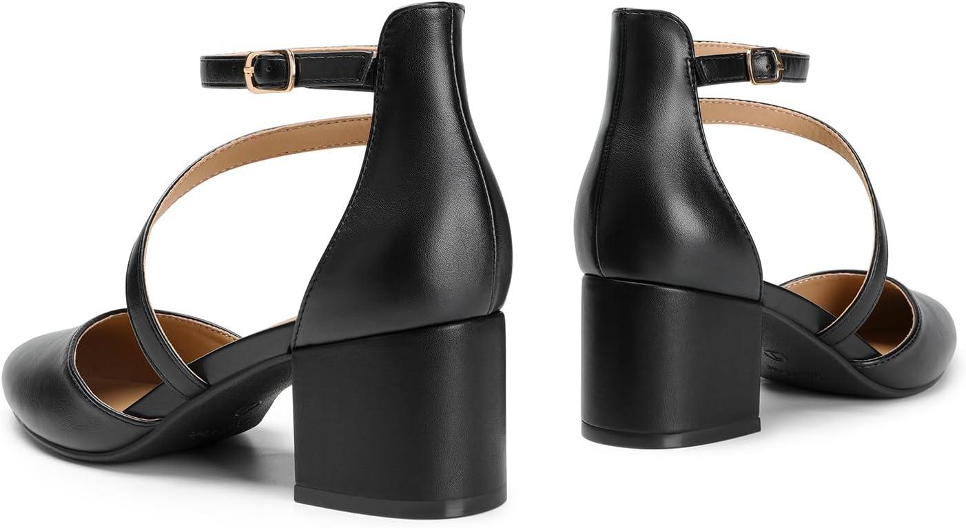 imageDREAM PAIRS Womens Closed Pointed Toe Low Chunky Heels Pumps Ankle Strap Wedding Business Dressy ShoesBlackpu