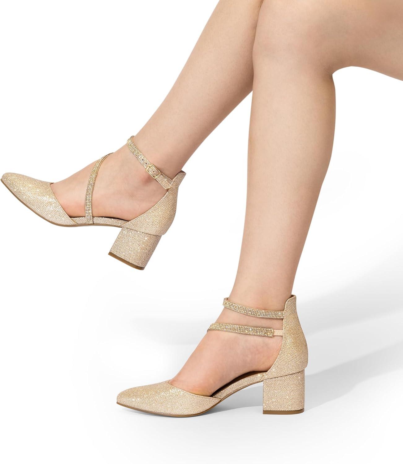 imageDREAM PAIRS Womens Closed Pointed Toe Low Chunky Heels Pumps Ankle Strap Wedding Business Dressy ShoesGold