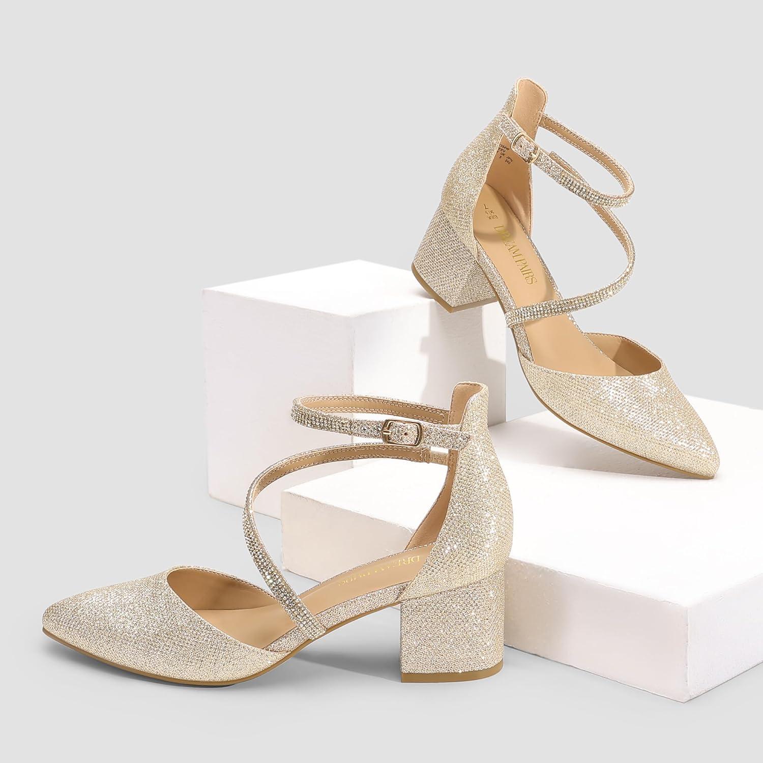 imageDREAM PAIRS Womens Closed Pointed Toe Low Chunky Heels Pumps Ankle Strap Wedding Business Dressy ShoesGold