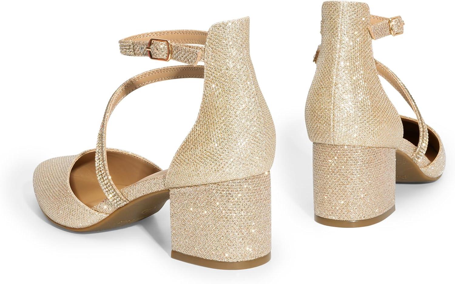 imageDREAM PAIRS Womens Closed Pointed Toe Low Chunky Heels Pumps Ankle Strap Wedding Business Dressy ShoesGold