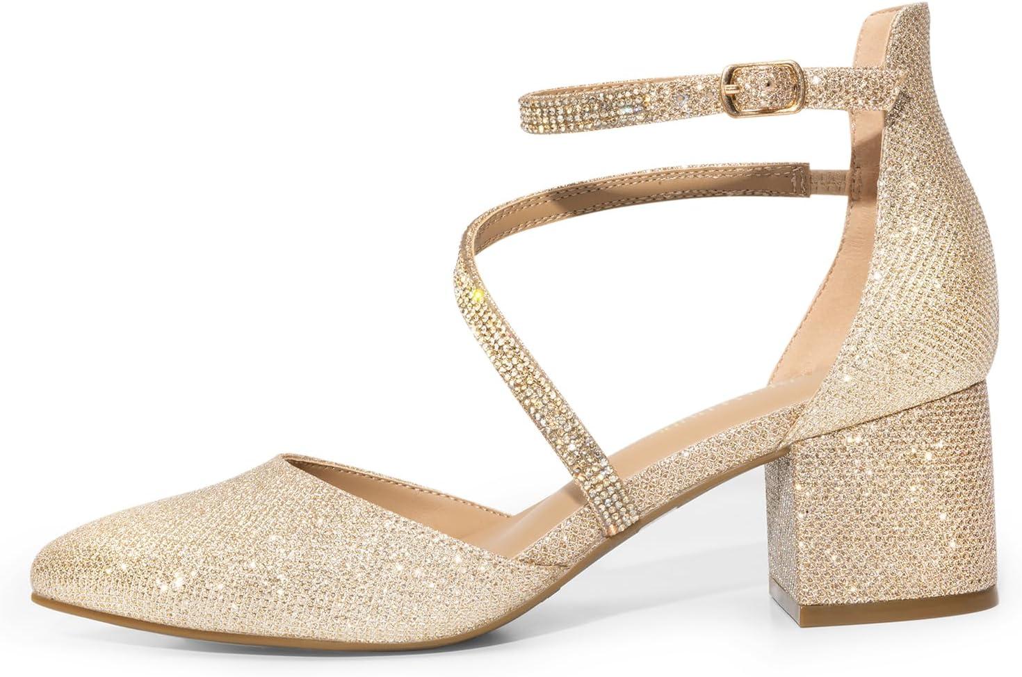 imageDREAM PAIRS Womens Closed Pointed Toe Low Chunky Heels Pumps Ankle Strap Wedding Business Dressy ShoesGold