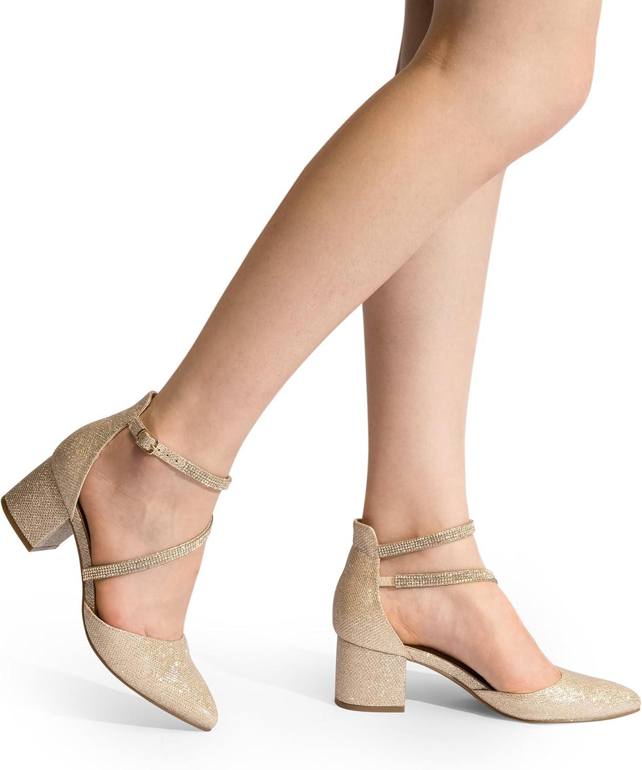 imageDREAM PAIRS Womens Closed Pointed Toe Low Chunky Heels Pumps Ankle Strap Wedding Business Dressy ShoesGold