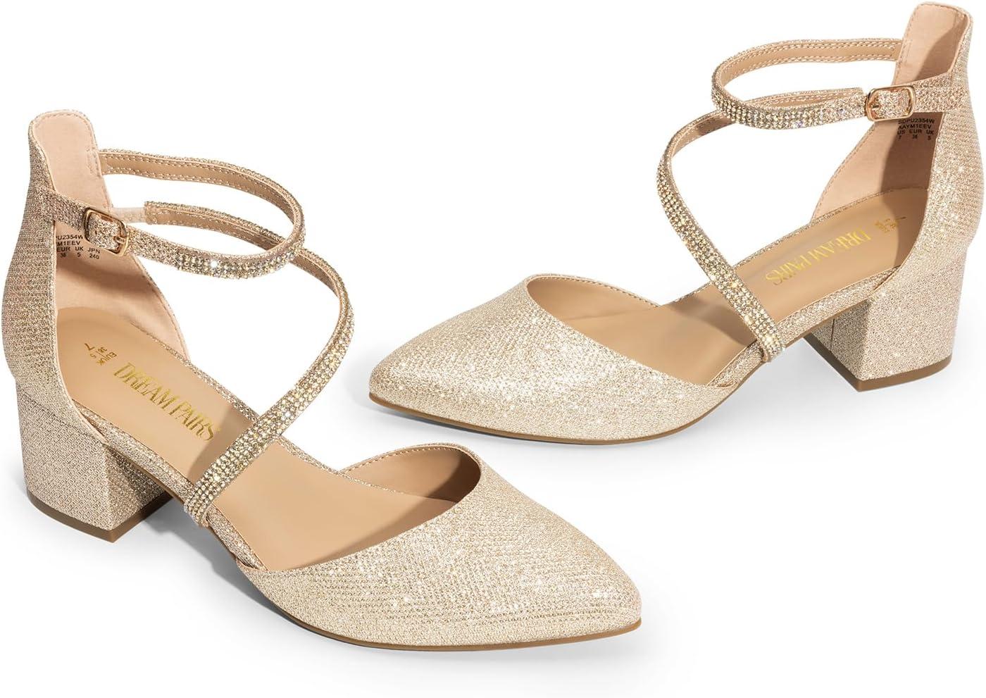 imageDREAM PAIRS Womens Closed Pointed Toe Low Chunky Heels Pumps Ankle Strap Wedding Business Dressy ShoesGold