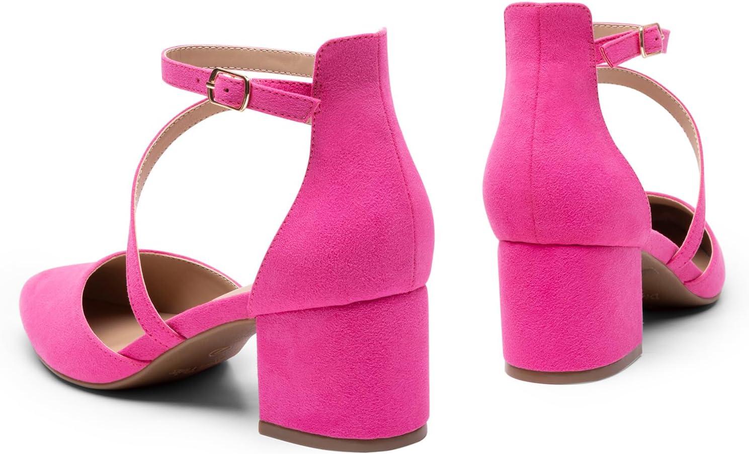 imageDREAM PAIRS Womens Closed Pointed Toe Low Chunky Heels Pumps Ankle Strap Wedding Business Dressy ShoesHot Pinksuede