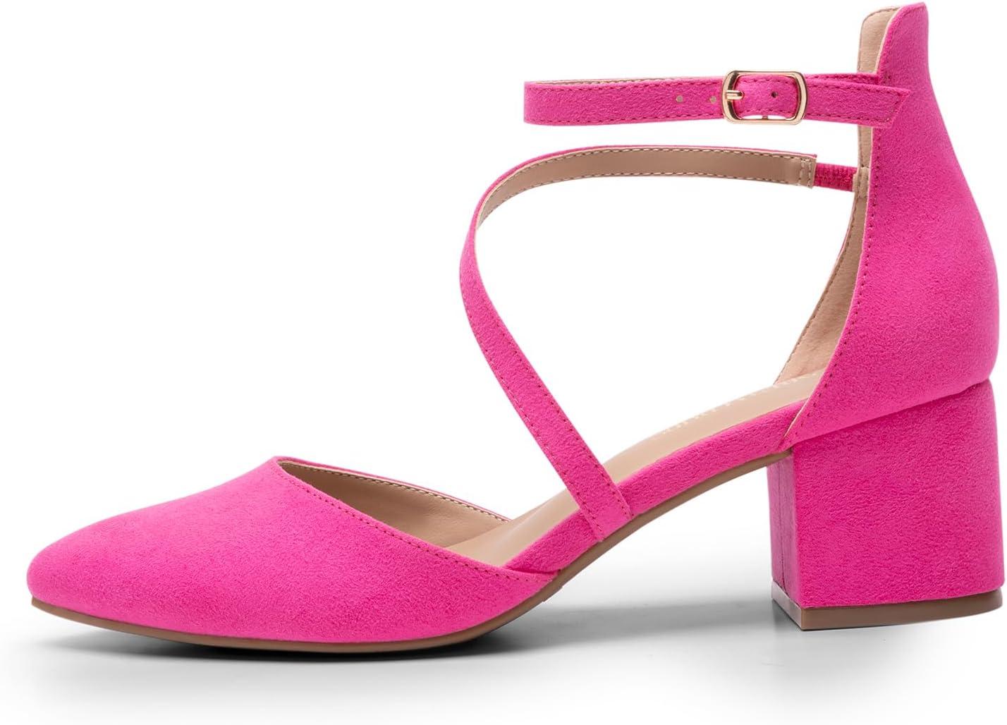 imageDREAM PAIRS Womens Closed Pointed Toe Low Chunky Heels Pumps Ankle Strap Wedding Business Dressy ShoesHot Pinksuede