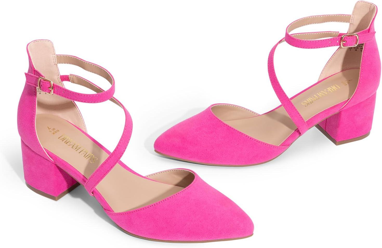 imageDREAM PAIRS Womens Closed Pointed Toe Low Chunky Heels Pumps Ankle Strap Wedding Business Dressy ShoesHot Pinksuede