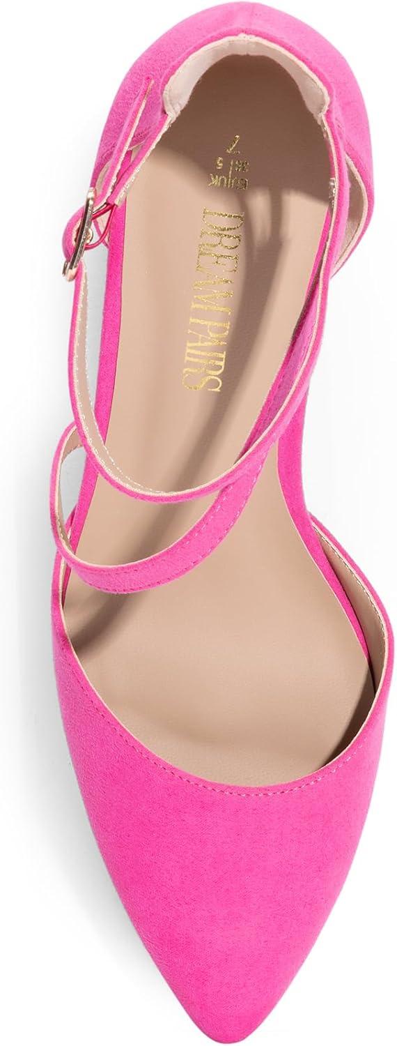 imageDREAM PAIRS Womens Closed Pointed Toe Low Chunky Heels Pumps Ankle Strap Wedding Business Dressy ShoesHot Pinksuede