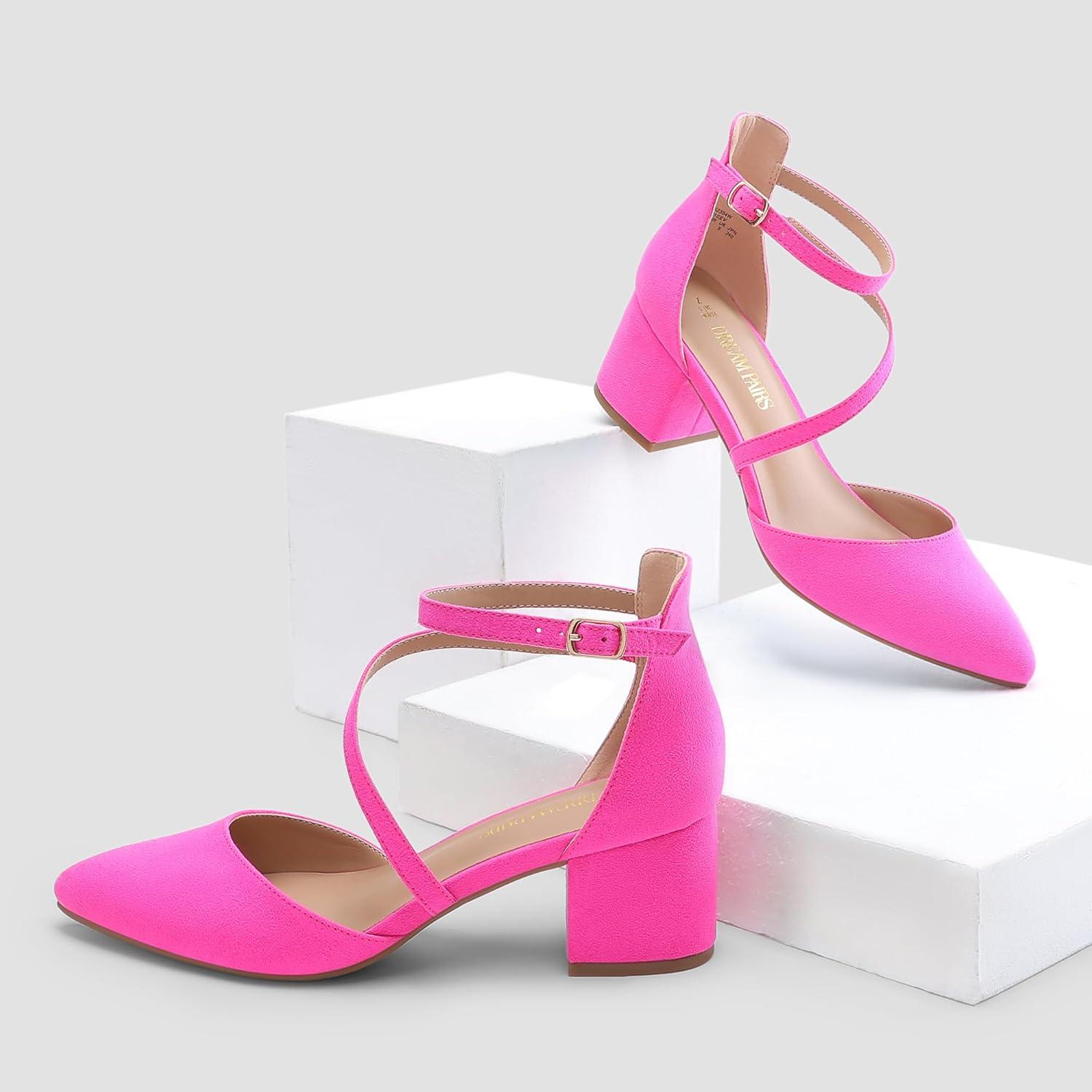 imageDREAM PAIRS Womens Closed Pointed Toe Low Chunky Heels Pumps Ankle Strap Wedding Business Dressy ShoesHot Pinksuede